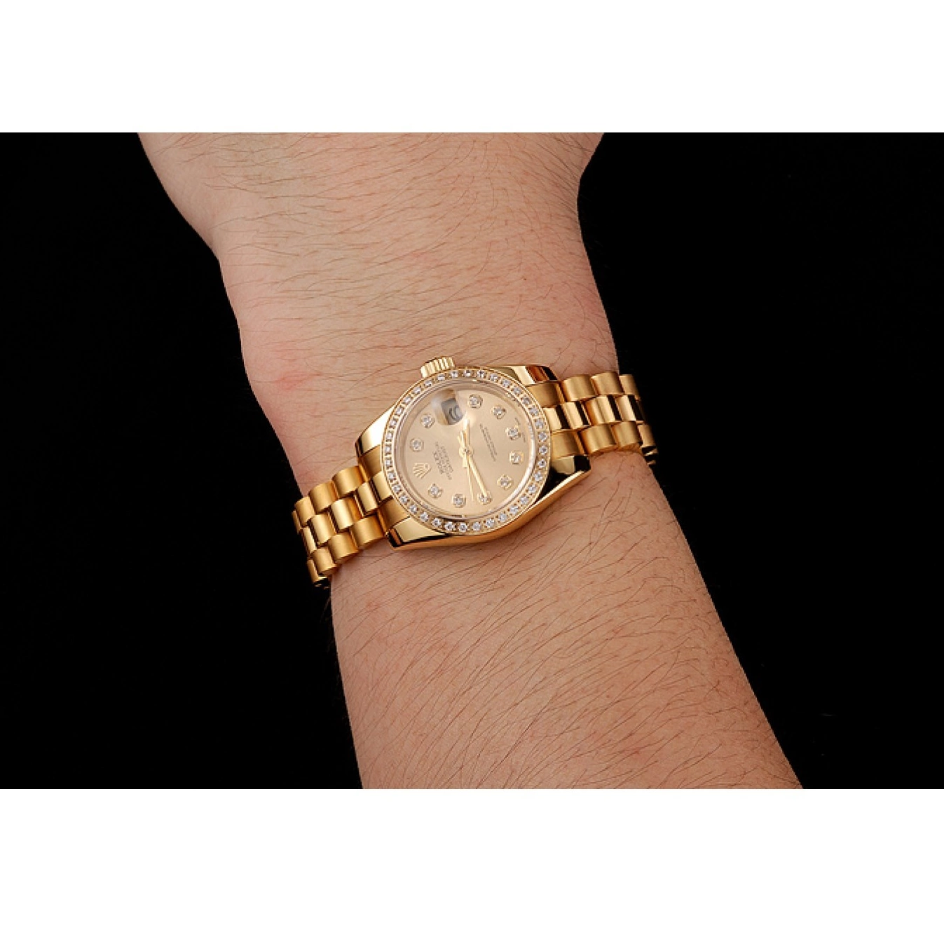Aaa fake watches Gold Bezel Swiss Rolex Bracelet 1454095 Diamond Dial Lady-Datejust Champagne 0801